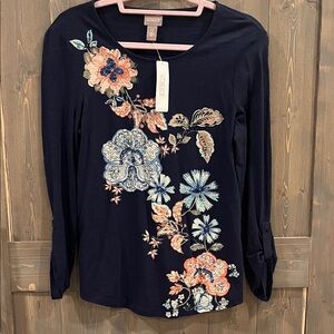 Chico's Navy Floral Embroidered Long Sleeve Top